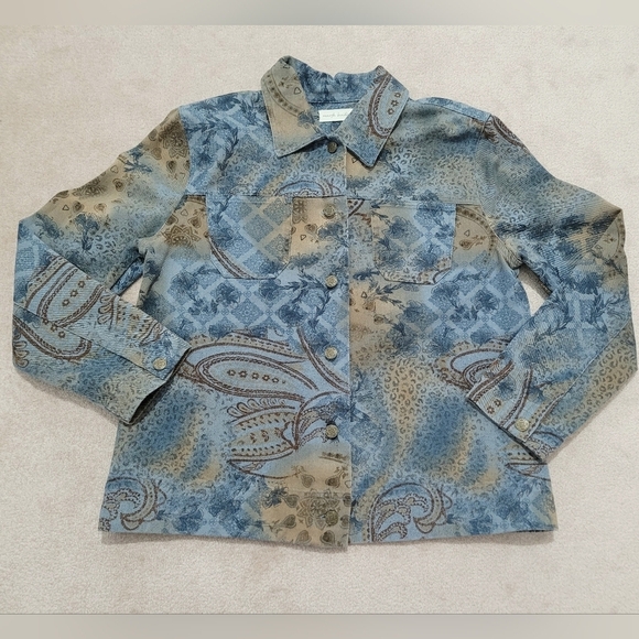 Marsh Landing Women's Denim Jacket L Blue Brown Paisley Floral Print 100% Cotton - Picture 7 of 12